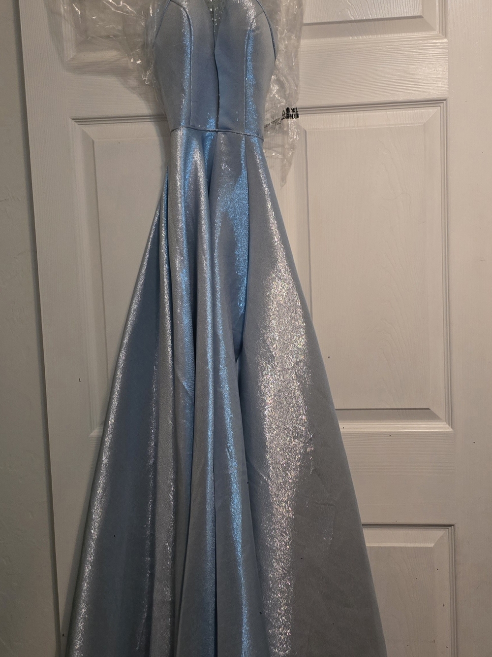 Oris Light Blue Shimmery Strapless Prom Gown